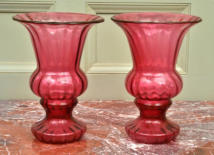 Appraisal: PAIR OF TRUMPET SHAPED RUBY GLASS VASES