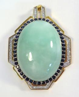 Appraisal: Fine Jade Pin Surrounded By Sapphires Diamonds Fine Jade Pin