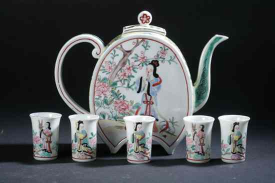 Appraisal: CHINESE FAMILLE ROSE PORCELAIN WINE POT AND FIVE CUPS Figural