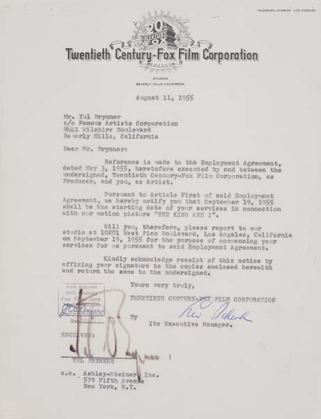 Appraisal: YUL BRYNNER Typed letter signed by Brynner acknowledging the starting