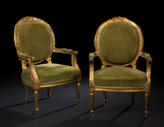 Appraisal: Pair of Louis XVI-Style Giltwood Fauteuils fourth quarter th century