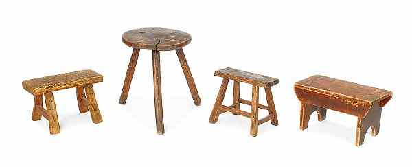 Appraisal: Five pine benches and stools th c together with a