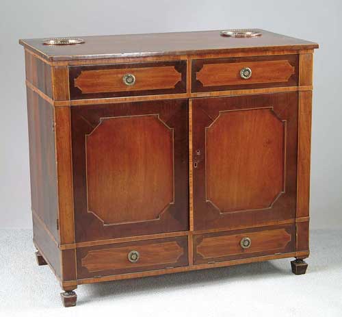 Appraisal: GEORGE III INLAID MAHOGANY SIDE CABINET Cross banded top having