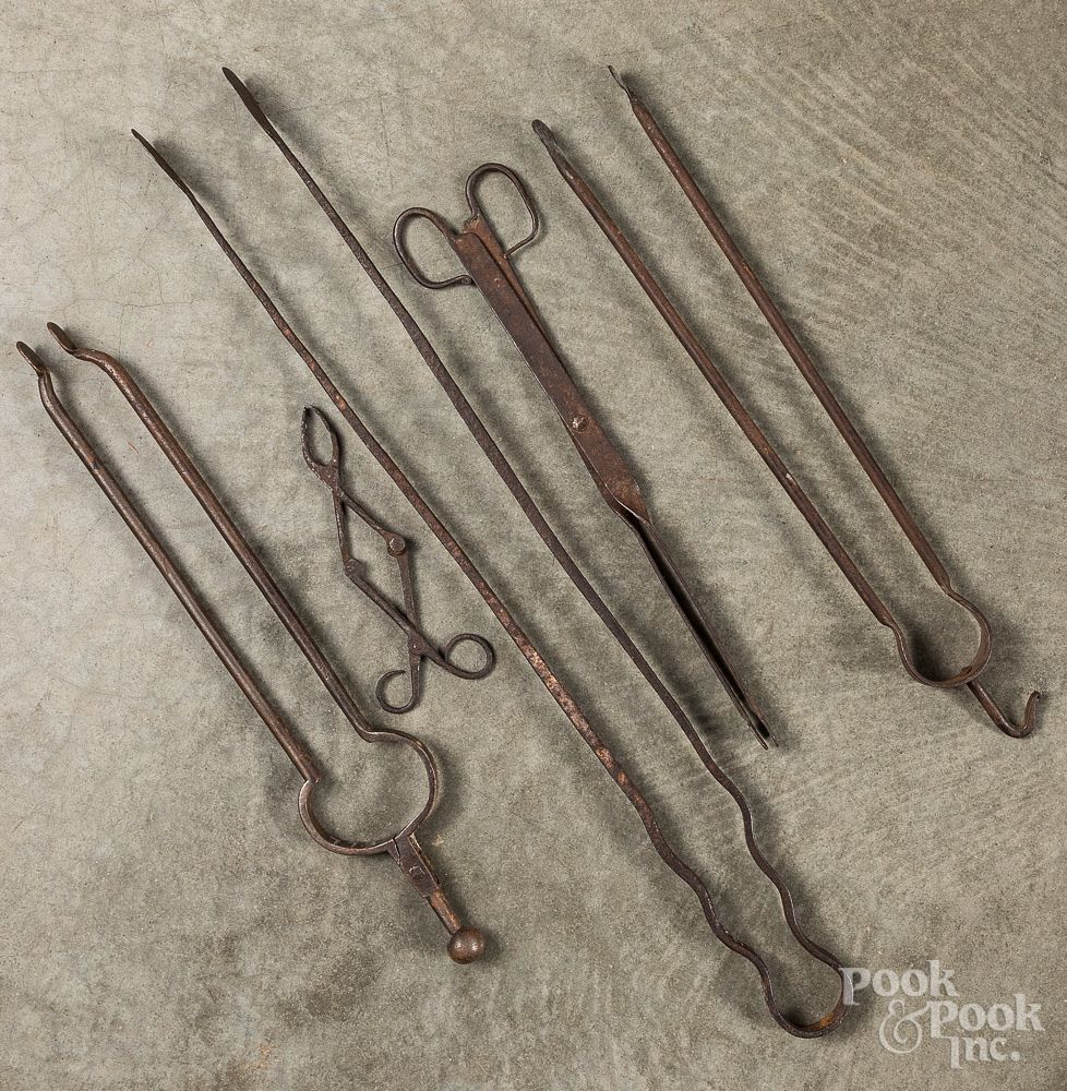 Appraisal: Five iron ember tongs Five iron ember tongs th th