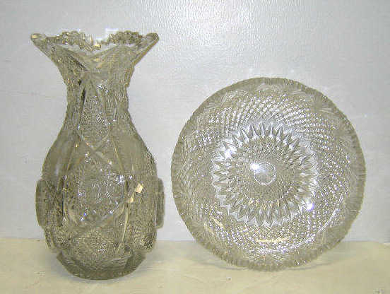 Appraisal: BRILLIANT CUT GLASS VASE AND BOWL The baluster vase with