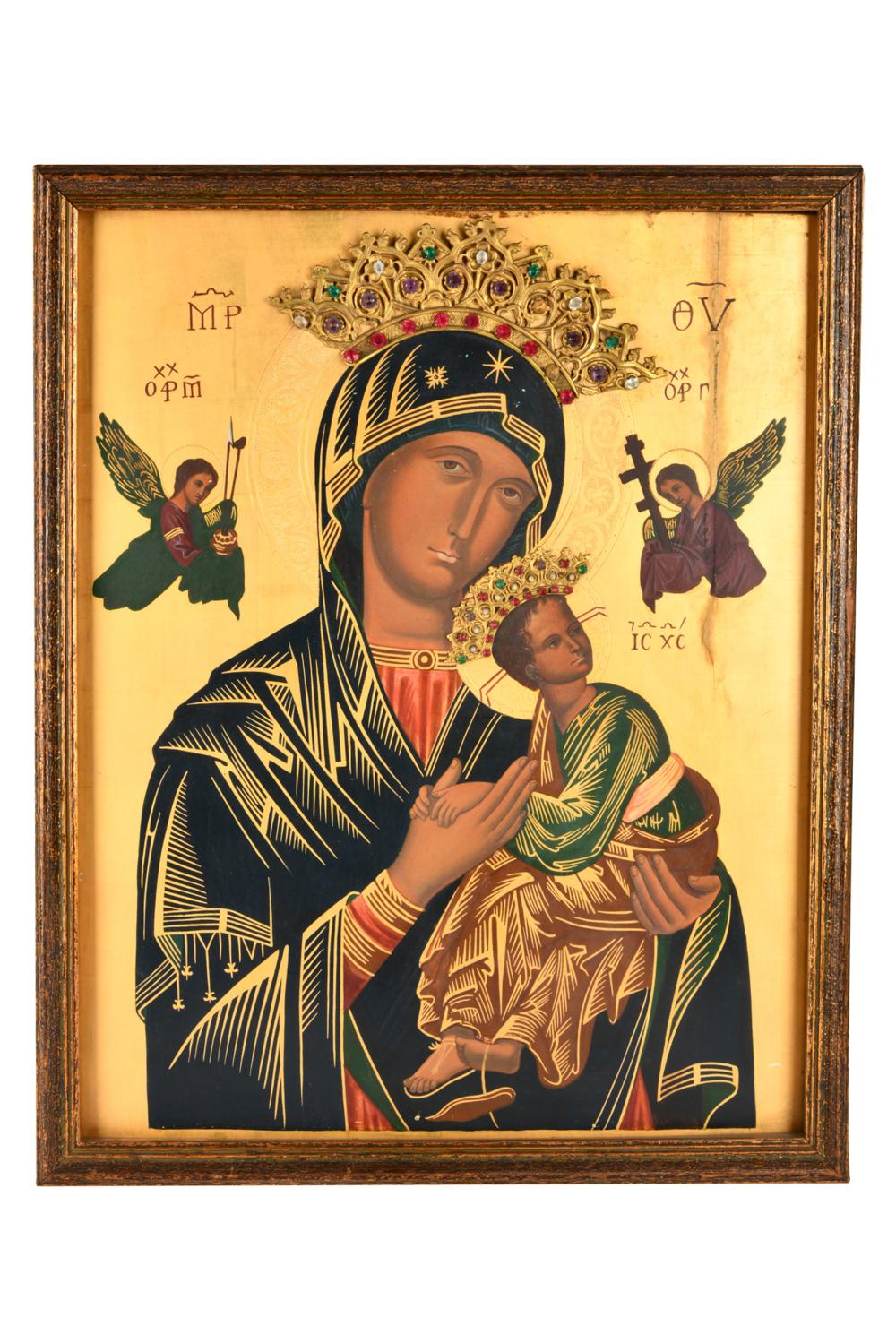 Appraisal: RELIGIOUS ICON VIRGIN CHILDgilt and polychromed panel with glass-inset gilt