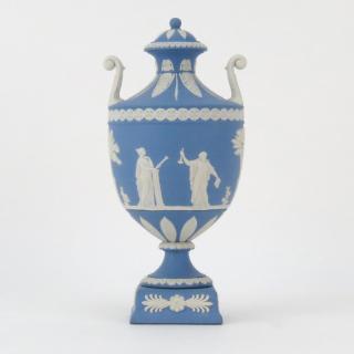 Appraisal: Wedgwood Jasperware Blue and White Covered Urn Wedgwood Jasperware Blue