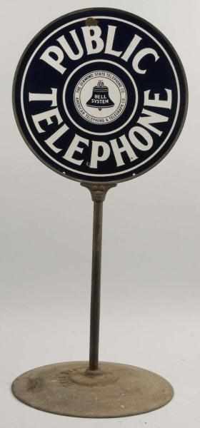 Appraisal: Porcelain Public Telephone Sign Description Includes cast iron base Two-sided