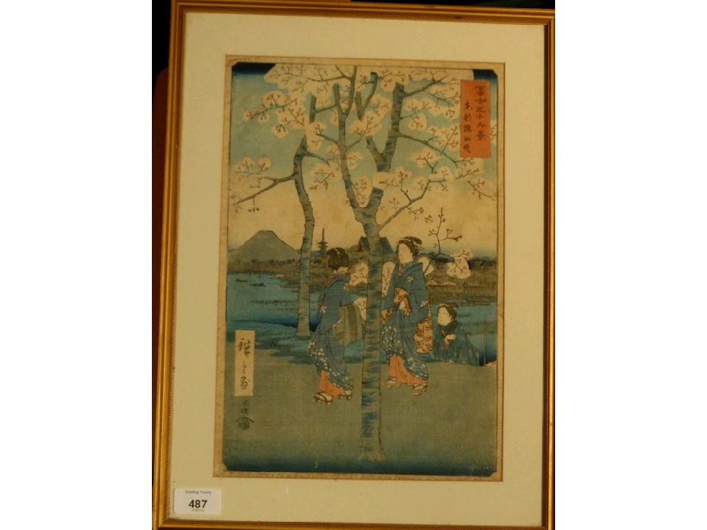 Appraisal: A Japanese hand coloured wood block print of geishas in