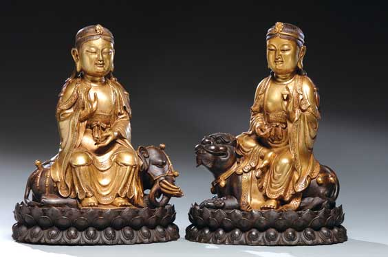 Appraisal: PAIR MING-STYLE GILT BRONZES Pair of ornate Chinese Ming-style gilt