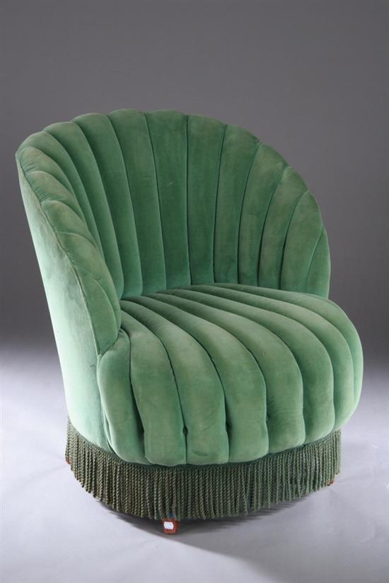 Appraisal: ART DECO VELVET SHELL-FORM BERGERE circa Radiating channel-upholstered back and