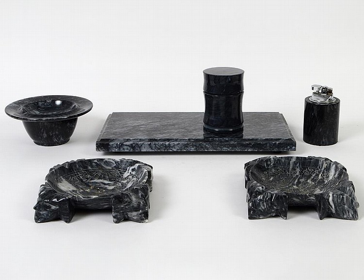 Appraisal: FOUR PIECE MARBLE DESK SETTogether with two associated ashtrays The