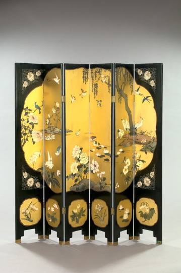 Appraisal: Chinese Black-and-Gold Carved Lacquer Six-Panel Folding Screen in the Coromandel