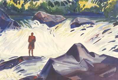 Appraisal: Paul Bough Travis American - Man at Rapids Watercolor on