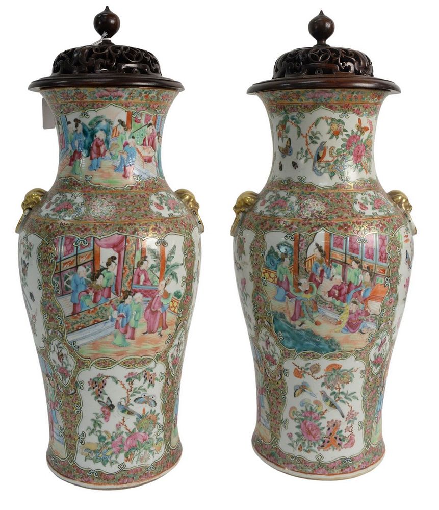 Appraisal: Pair of Rose Medallion Vases having painted panels with gilt