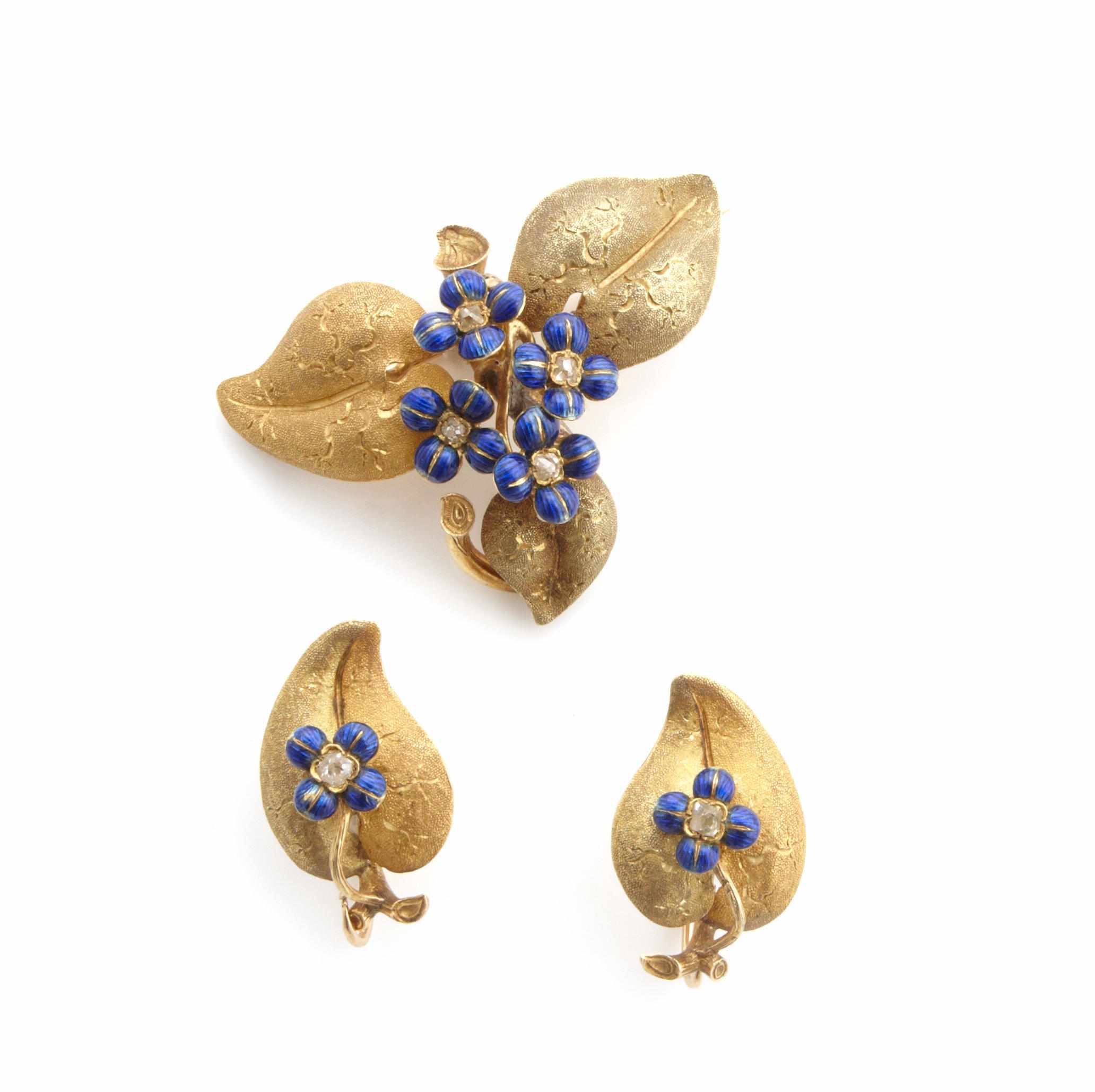 Appraisal: An enamel diamond and gold leaf brooch and pair of