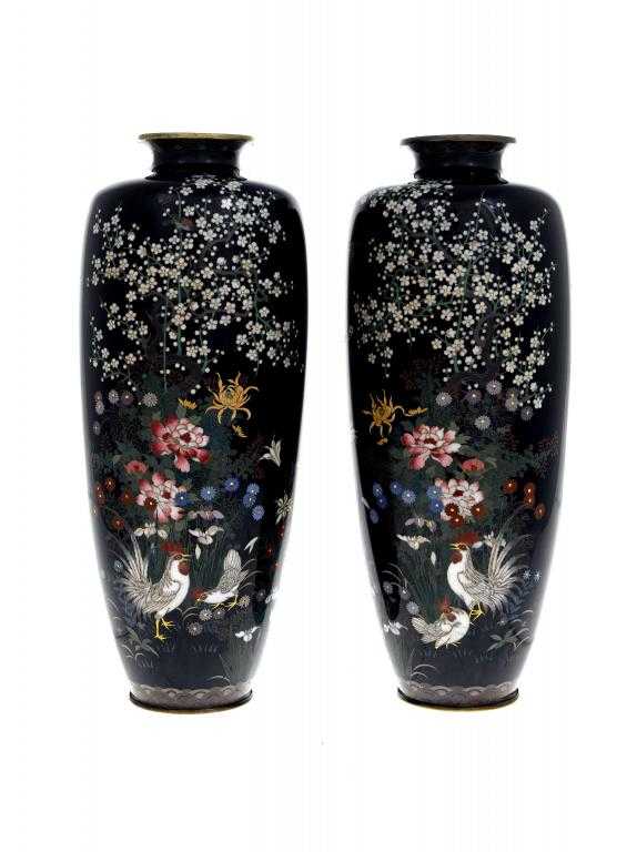 Appraisal: A PAIR OF CLOISONNE ENAMEL MIDNIGHT BLUE GROUND VASES of