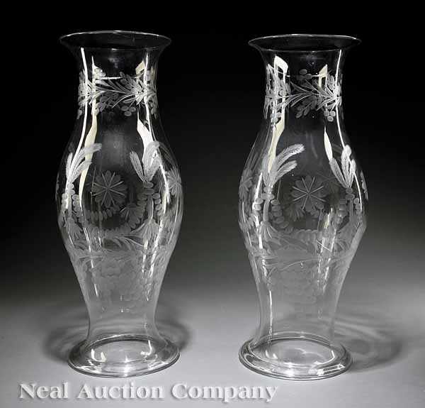 Appraisal: A Pair of Antique American English Etched Glass Hurricane Shades