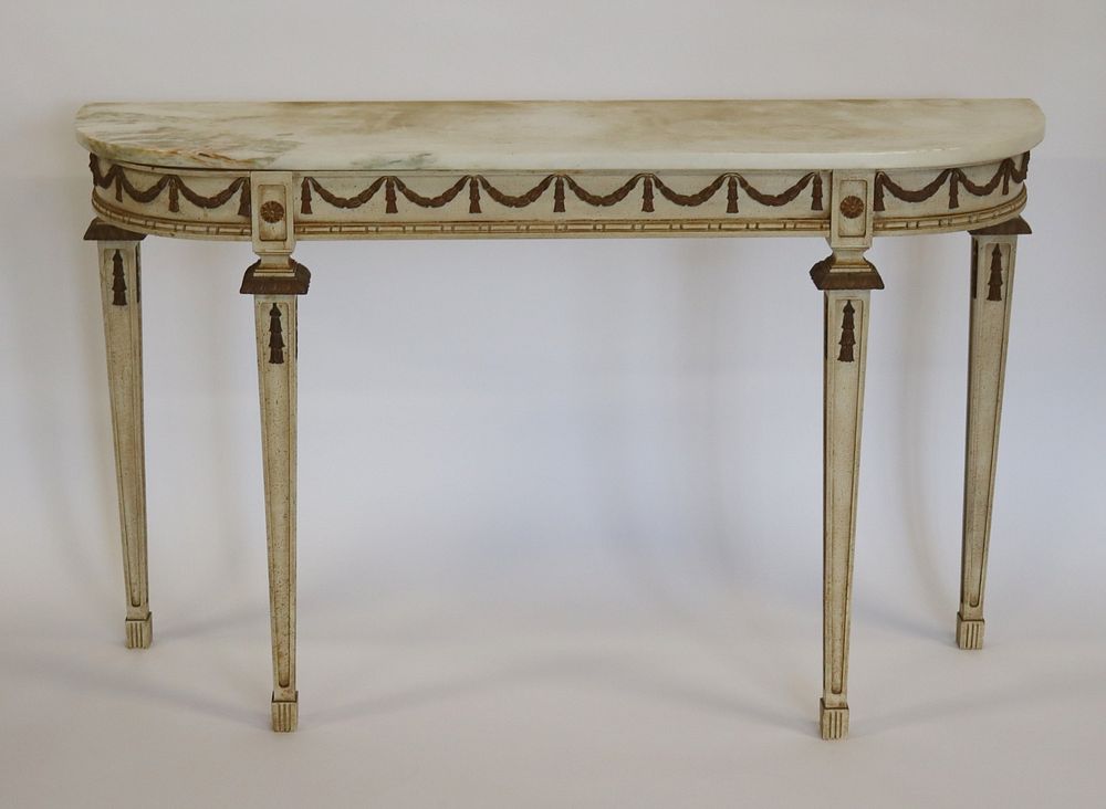 Appraisal: Antique Demilune Bronze Mounted And Paint Decorated Marbletop Console From