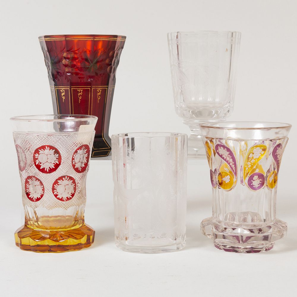 Appraisal: Group of Five Bohemian Cut Etched and Cased Glasses The