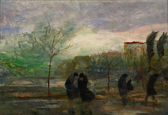 Appraisal: TH CENTURY FRENCH SCHOOLA windy day with figures oils on