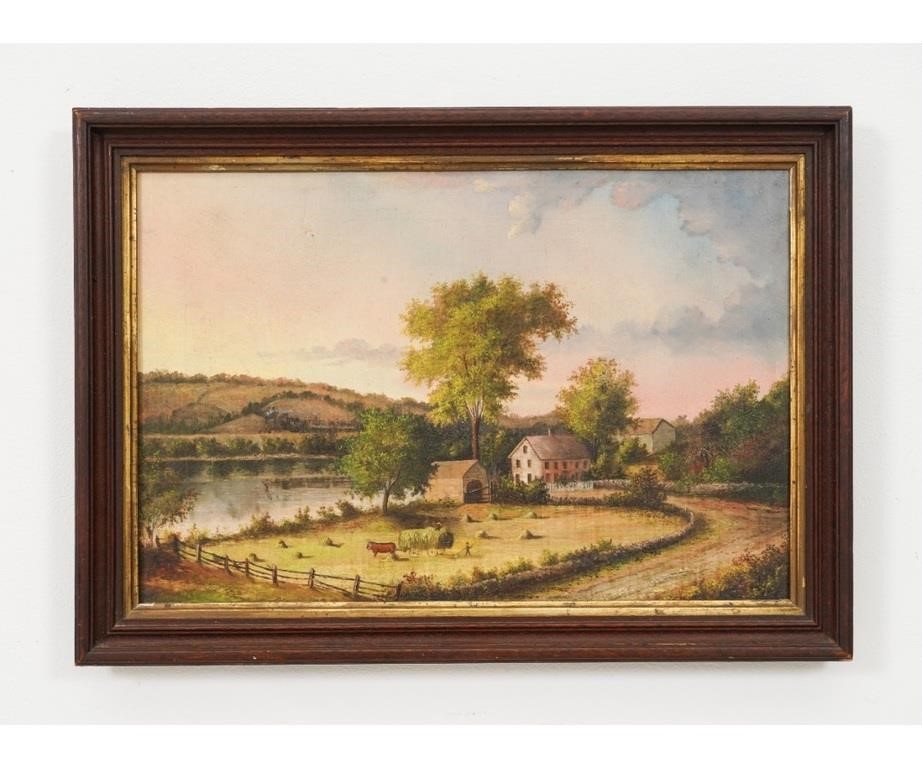 Appraisal: Folk Art oil on canvas summer landscape with river farm