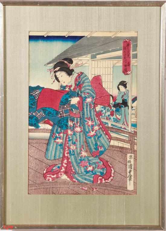 Appraisal: Japanese school th century GEISHA TRIPTYCH woodblock prints framed signed