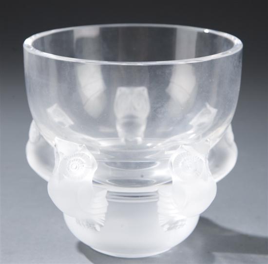 Appraisal: Lalique Hiboux owl vase Clear crystal ground with protuding opalescent