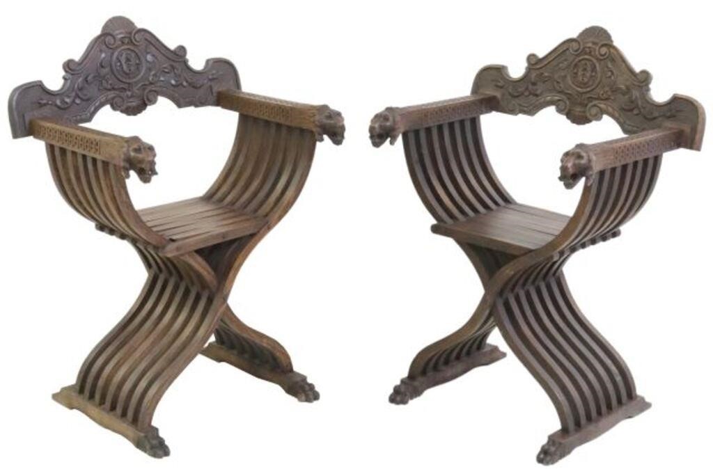 Appraisal: pair Italian Savonarola chairs early th c carved shell crest