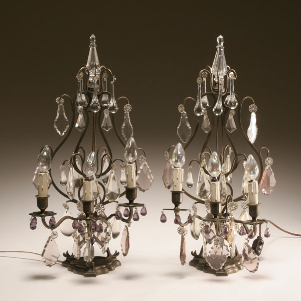 Appraisal: Pair tiered drop prism lyre back three light lamps tiered