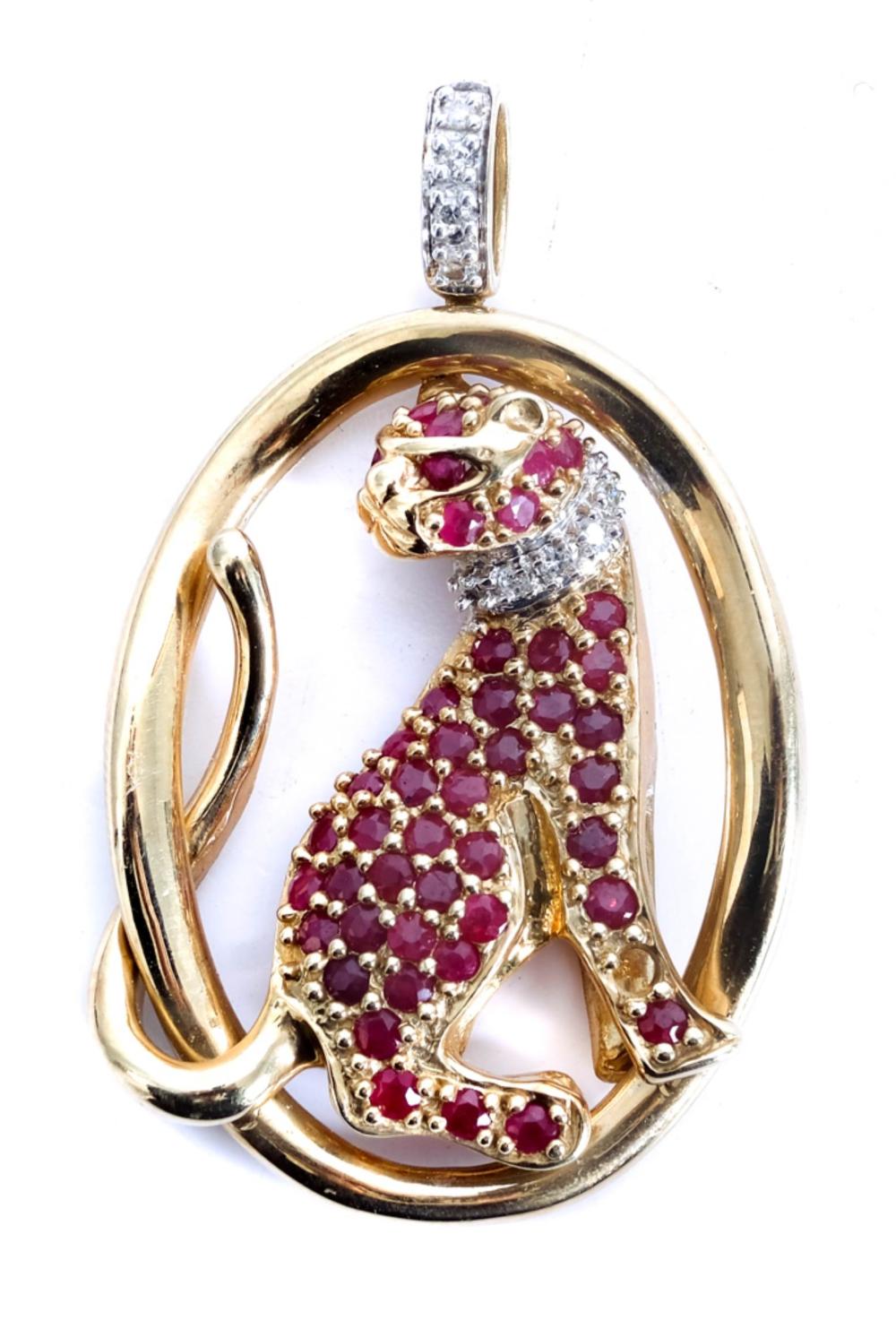 Appraisal: K YG DIAMOND RUBY FIGURAL FELINE PIN k yellow gold