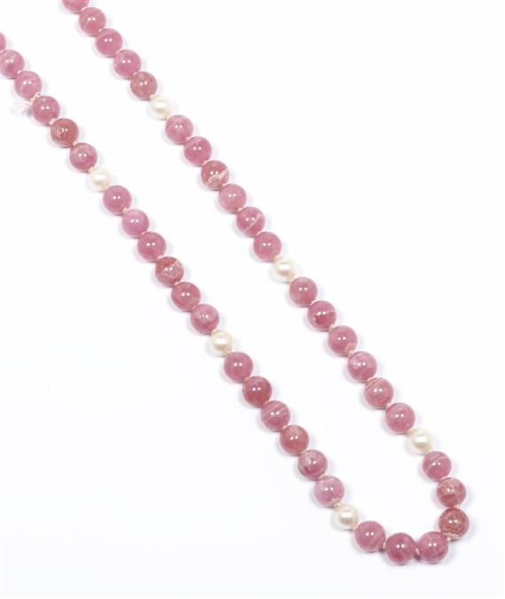 Appraisal: RHODOCHROSITE AND PEARL SAUTOIR Decorative endless chain of rodochrosite beads