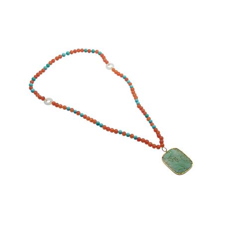 Appraisal: Jadeite and Mixed Hardstone Necklace The rounded pendant carved from