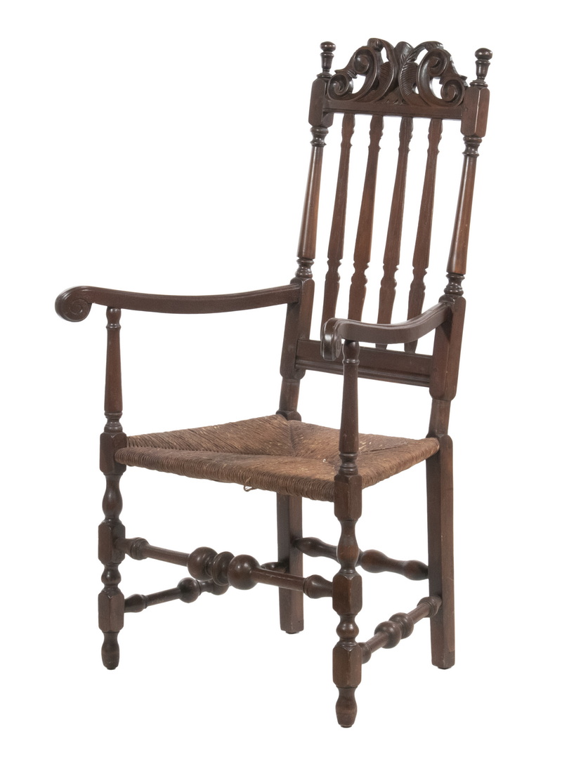 Appraisal: AMERICAN COLONIAL BANNISTER OAK ARMCHAIR Early th c Tall Back