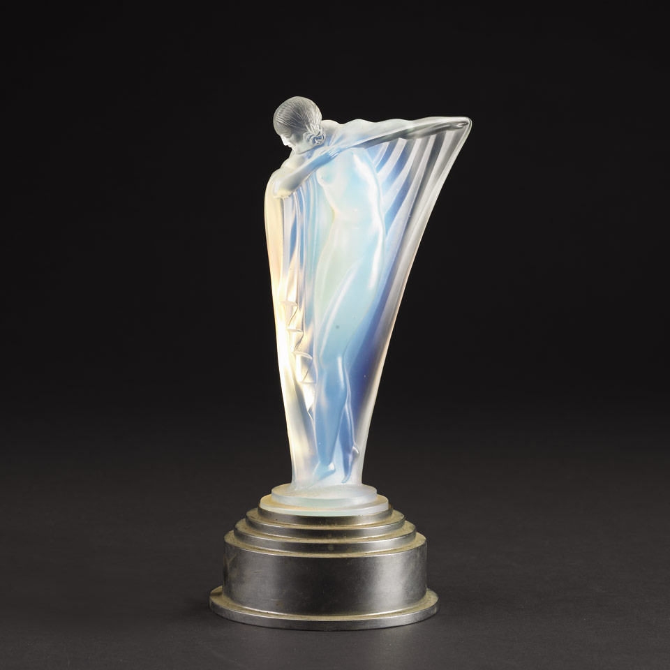 Appraisal: Etling Frosted Opalescent Glass Figure c with illuminated chromed metal