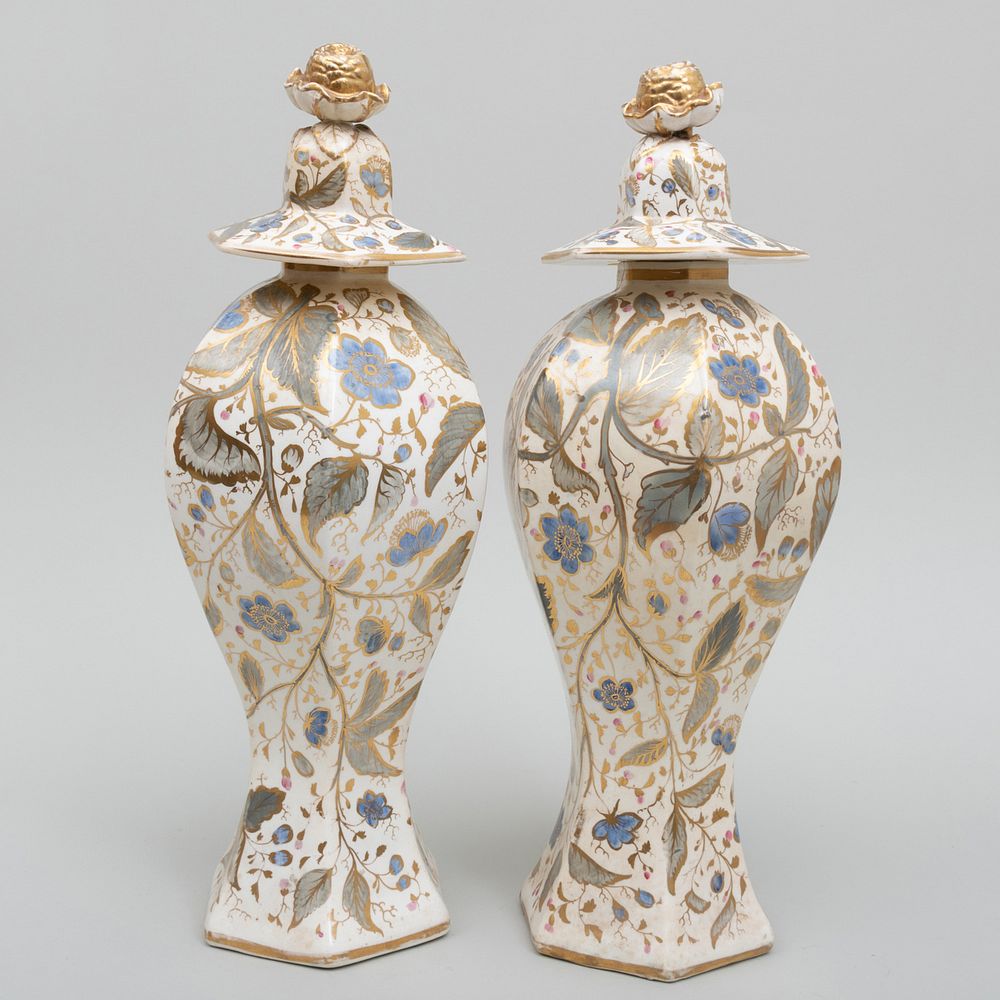 Appraisal: Pair of English Cream Ground Gilt Decorated Octagonal Vases and