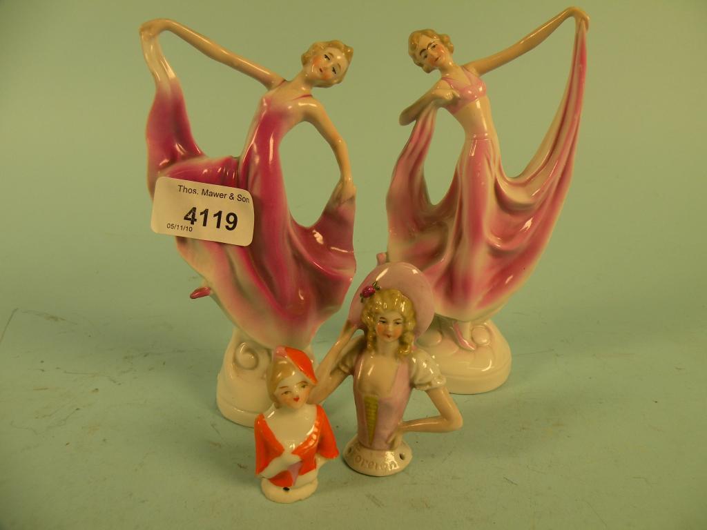 Appraisal: Two 's style porcelain figures of ladies wearing purple dresses