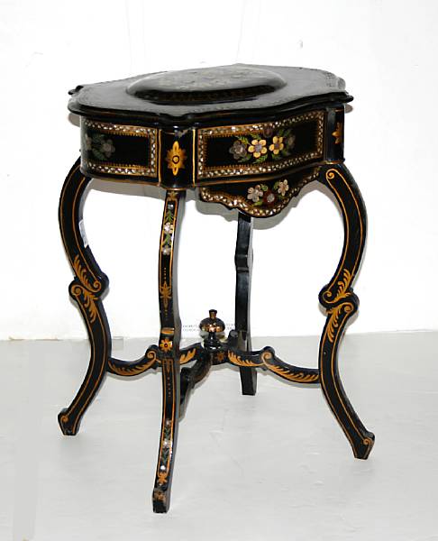 Appraisal: A Victorian papier-m ch and mother-of-pearl inlaid work table late