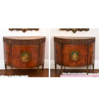 Appraisal: Pr Edwardian painted satinwood demi-lune commodes Late th th c