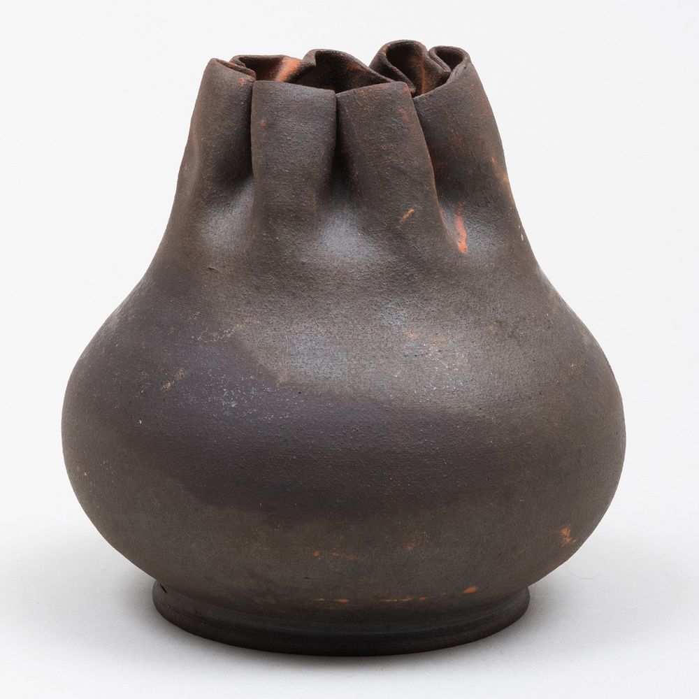 Appraisal: George E Ohr Brown Pottery Cinched Vase Impressed mark x