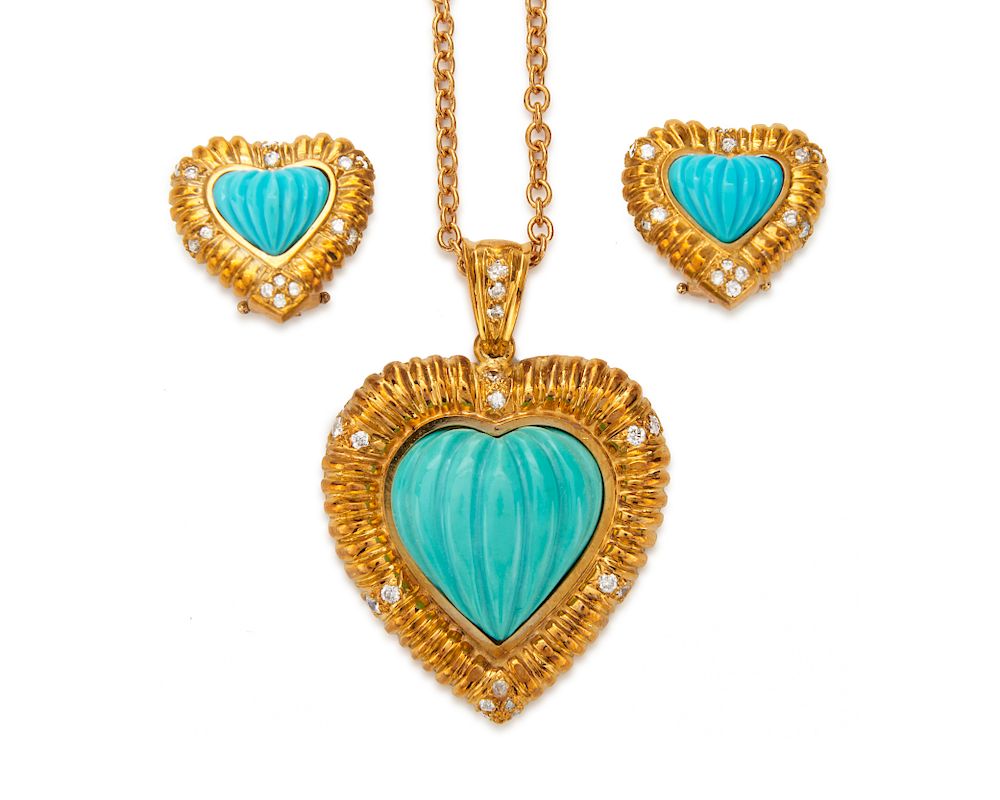 Appraisal: K Gold Turquoise and Diamond Suite K Gold Turquoise and