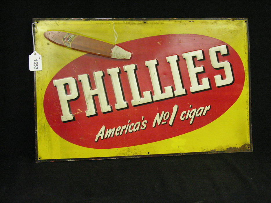 Appraisal: PHILLIES NO CIGAR EMBOSSED TIN SIGN Size by Condition edge