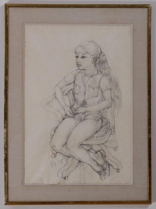 Appraisal: PHILIP EVERGOOD - GIRL IN SWIVEL CHAIR Pencil drawing signed