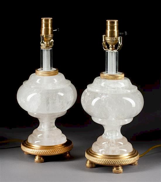 Appraisal: A Pair of Gilt Bronze Mounted Rock Crystal Lamps Height