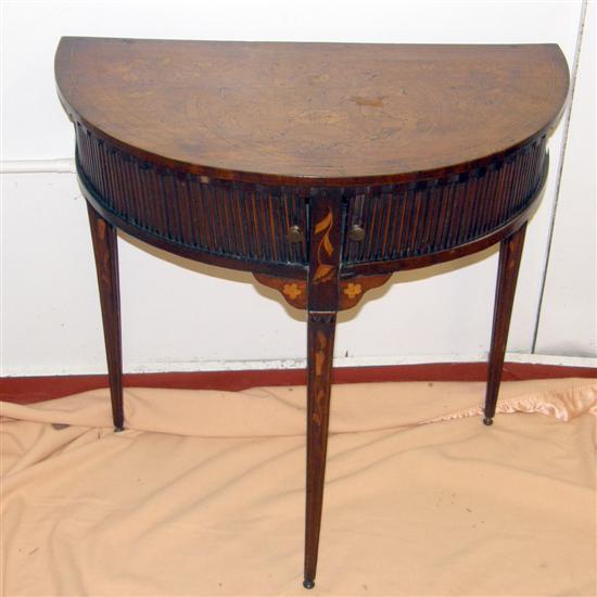 Appraisal: A DUTCH INLAID MAHOGANY SEMI CIRCULAR SIDE TABLE with tambour