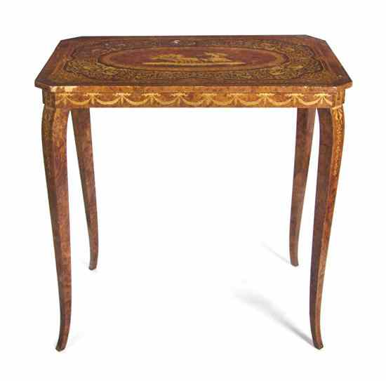 Appraisal: A Continental Marquetry Occasional Table the rectangular top with canted