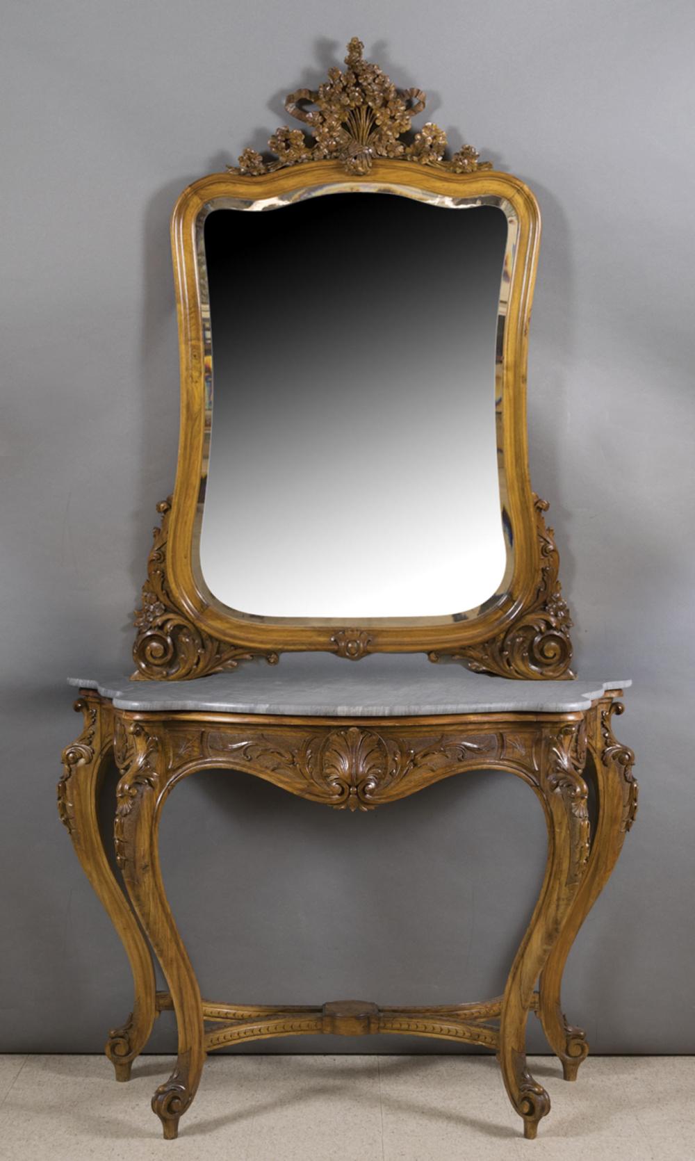 Appraisal: LOUIS XV STYLE MARBLE-TOP CONSOLE AND MIRROR SET French th