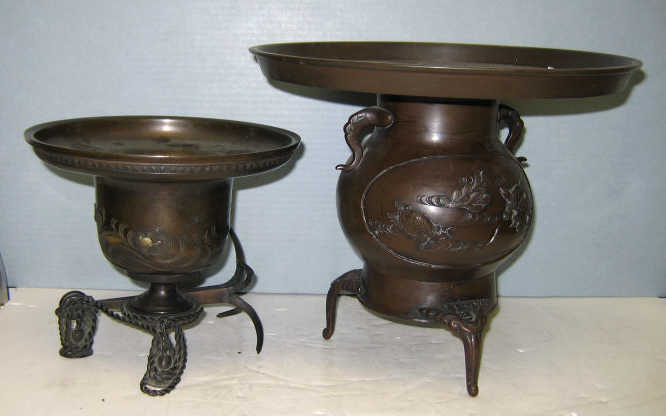 Appraisal: TWO JAPANESE BRONZE IKEBANAS Larger two-handled baluster form with two