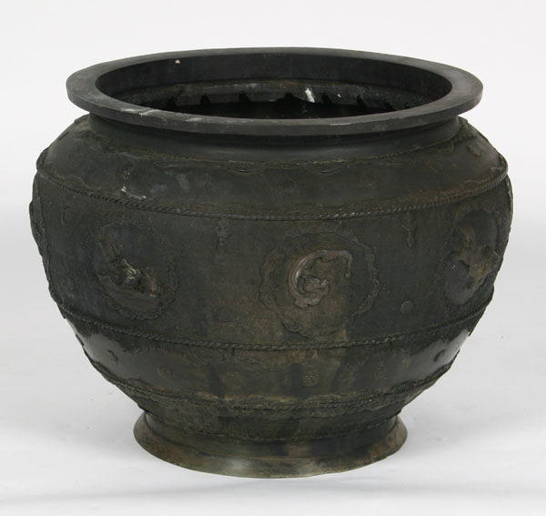 Appraisal: Large oriental bronze pot planter extensive applied decoration with mythological