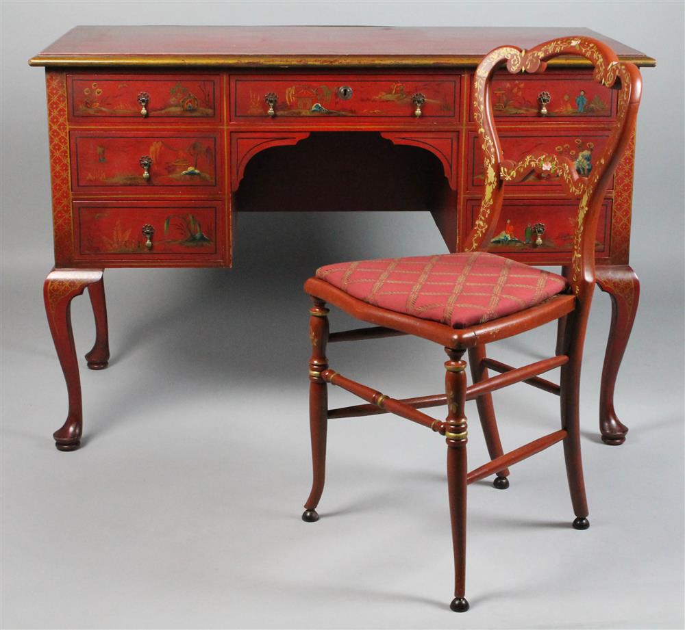 Appraisal: RED CHINOISERIE PAINTED QUEEN ANNE STYLE DESK TOGETHER WITH A